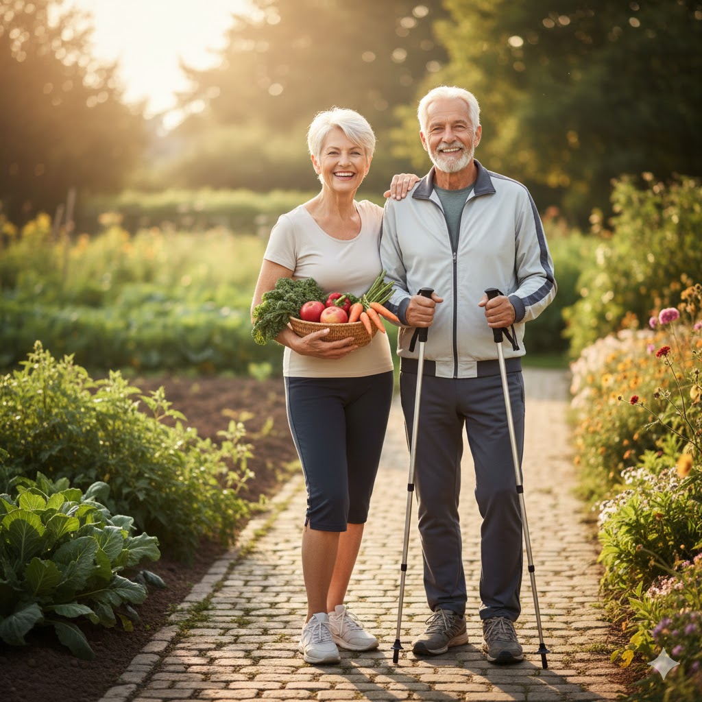 A couple with grey hair. The woman is holding a bowl of fruit and the man is holding walking poles