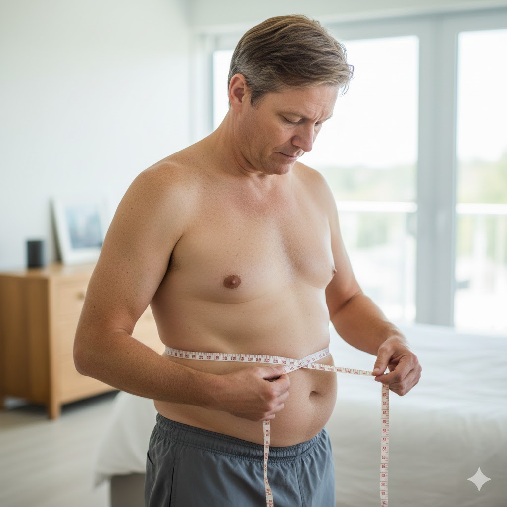 A man measuring his extended belly with a tape measure