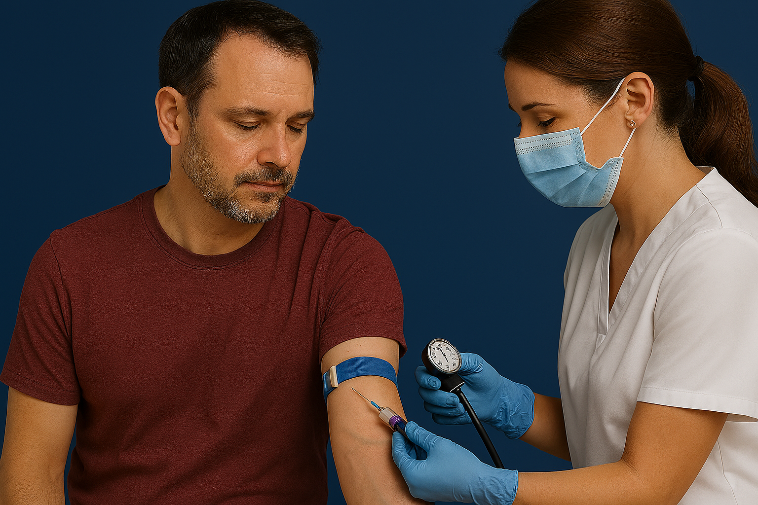 A man in his 50s with a nurse giving him a blood pressure checkup and blood test