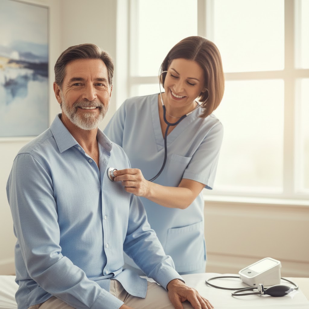 A man in his late 50s getting his heart checked