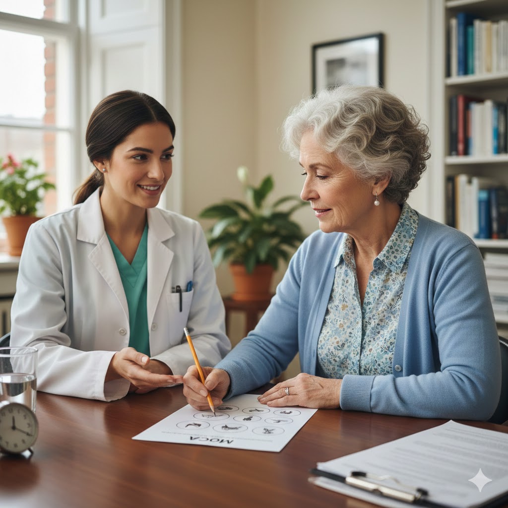 A woman having a test with a clinician for cognitive decline