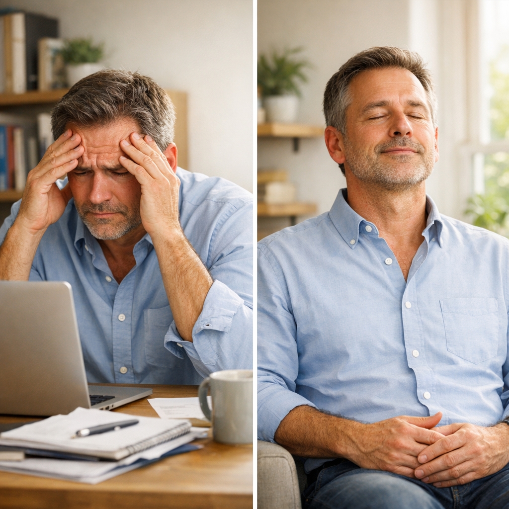A split image of a man looking stressed and a follow-up image of him sitting back relaxed