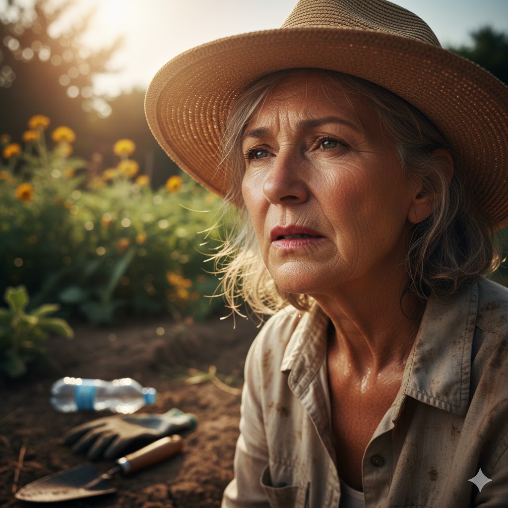 Woman in a garden looking tired