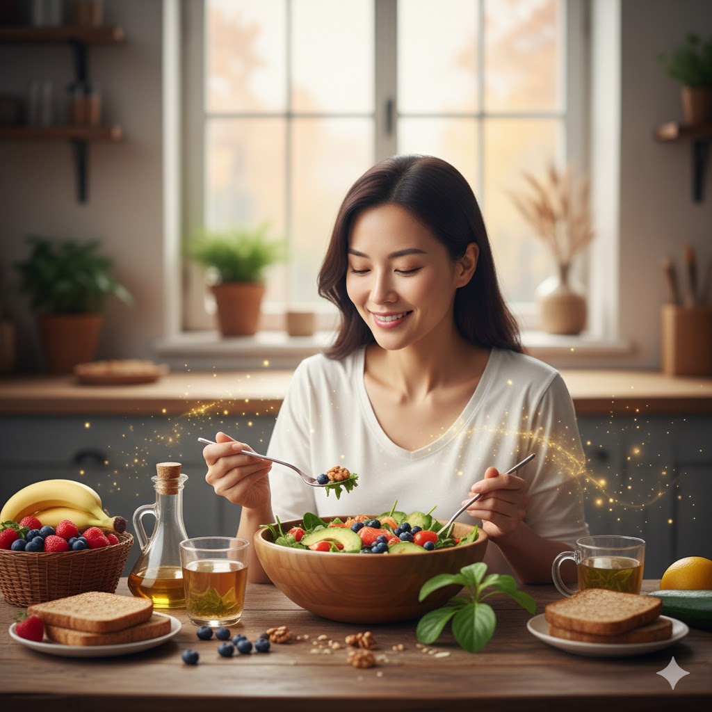 A woman eating a salad from a bowl