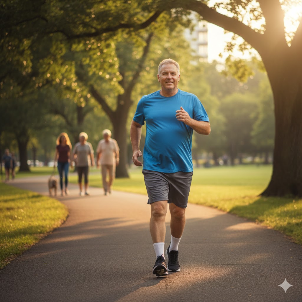 An overweight man going for a walk