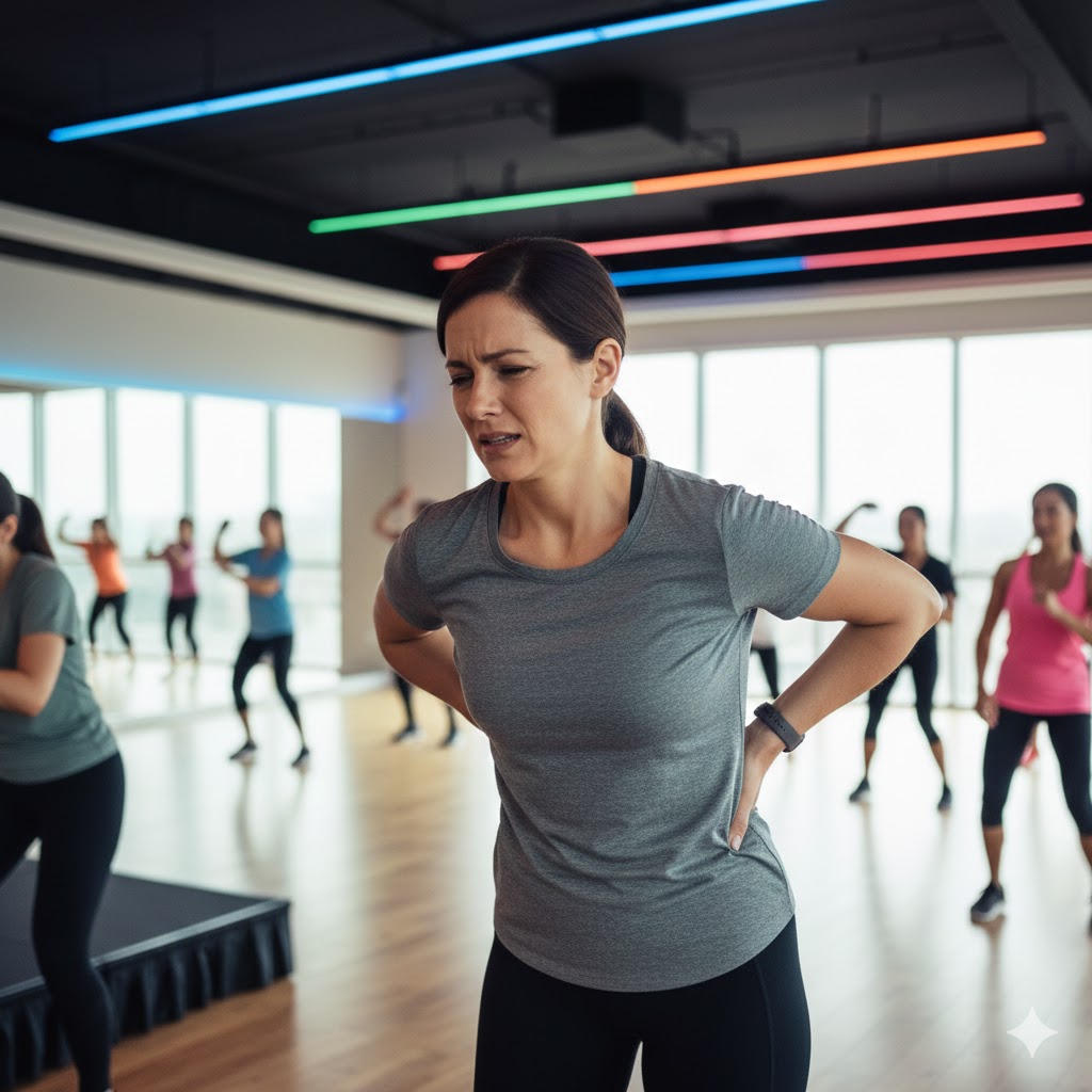 Woman holding her lower back in an exercise class