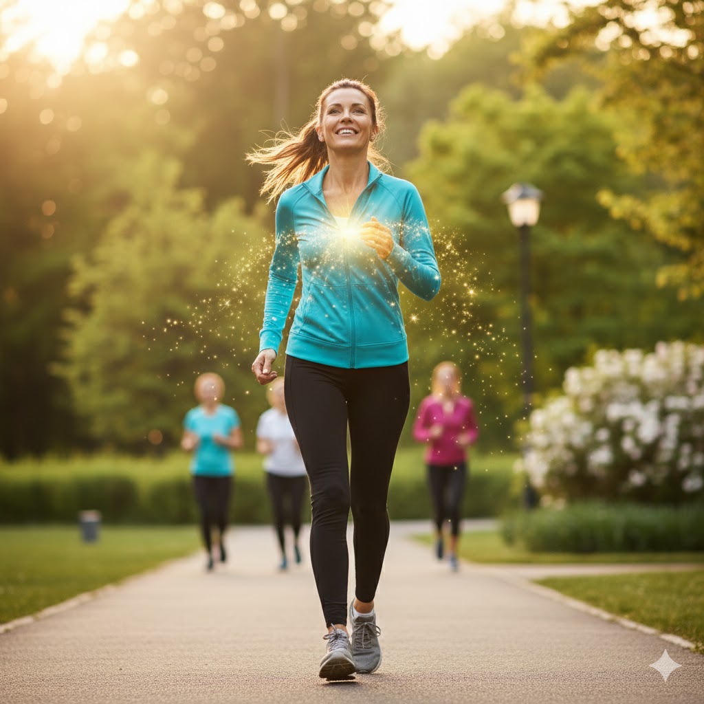 A woman walking briskly along a path with a big smile on her face