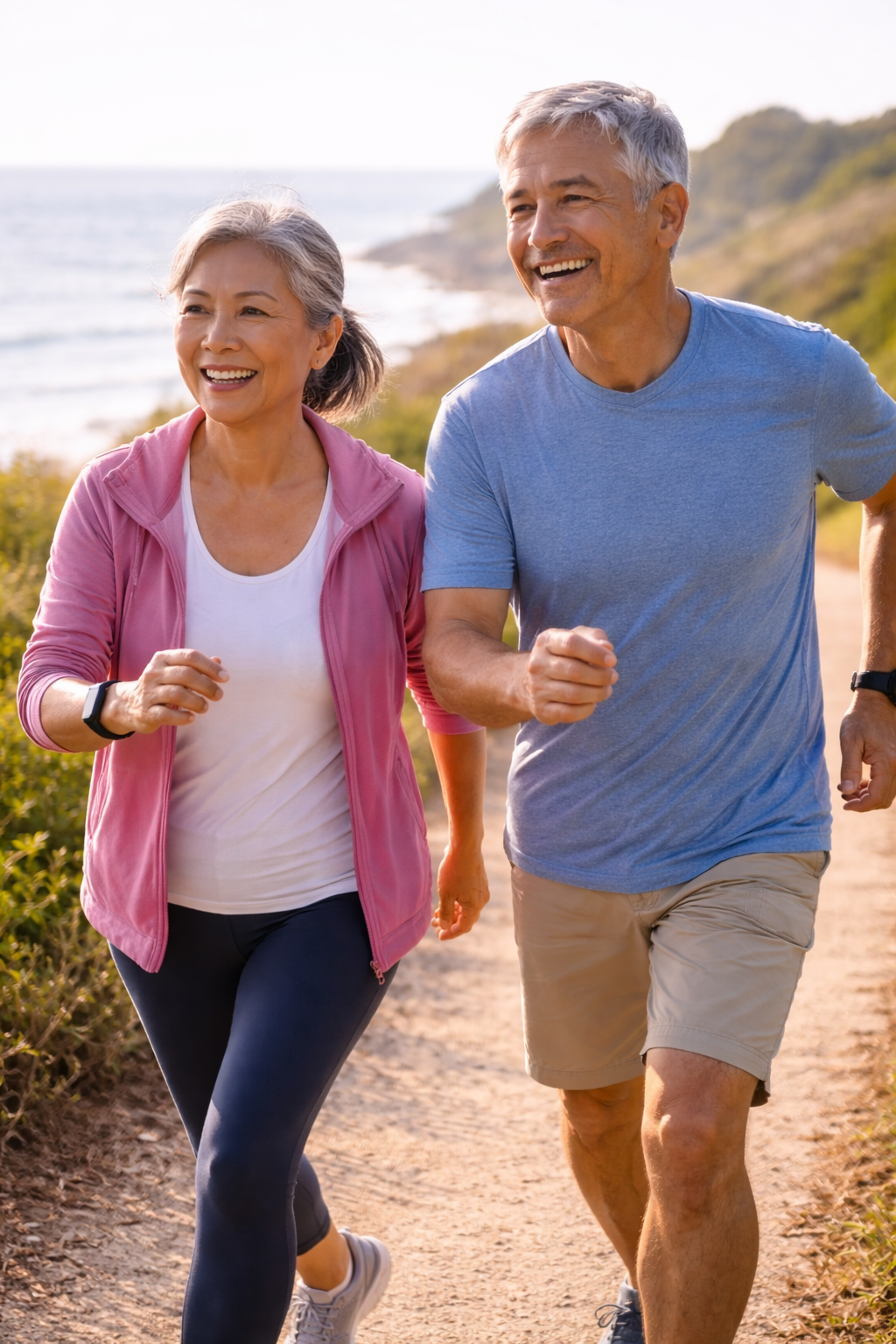A man and woman walking briskly