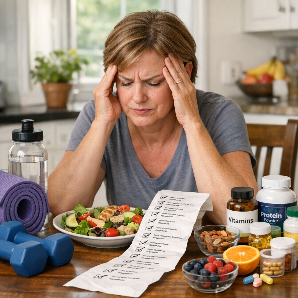 A woman with a long list of things to do with her head in her hands