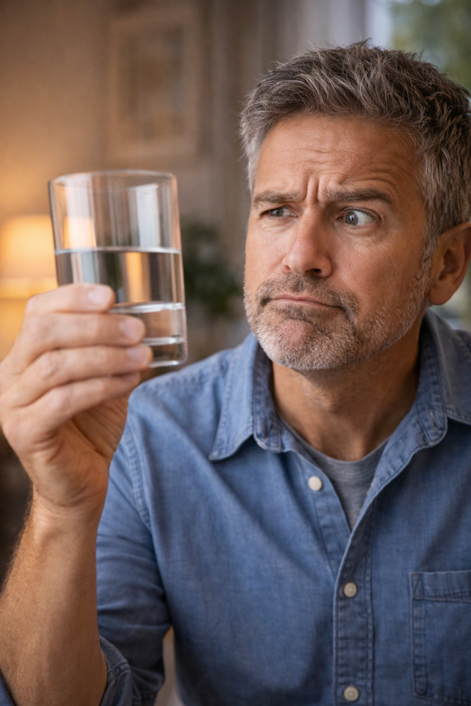 A man looking at a glass which is filled up to halfway with water