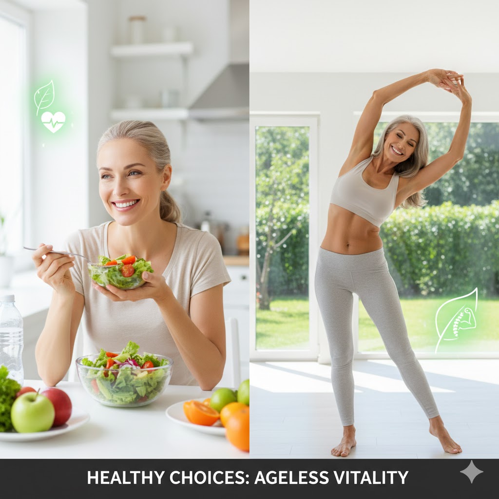 A woman eating a salad and the same woman years later doing exercise