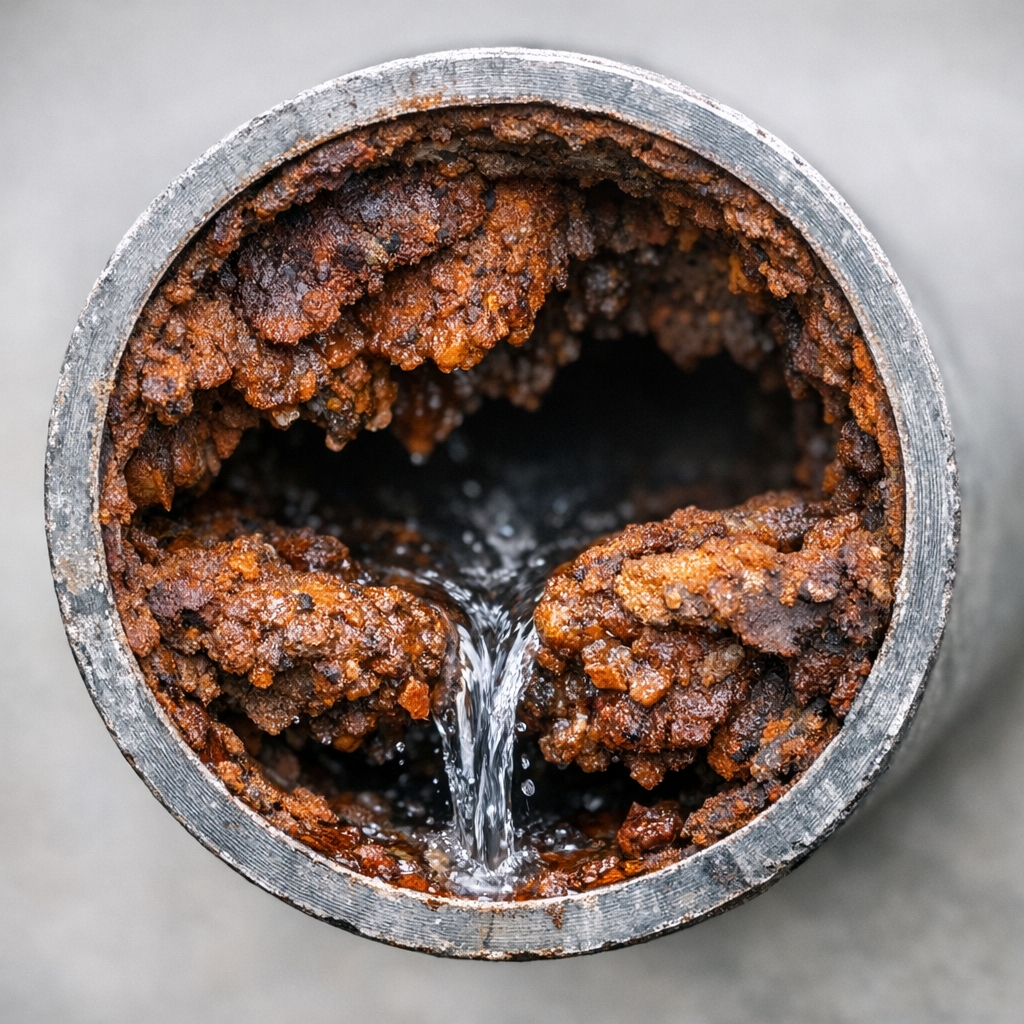 An image of a water pipe with water flow reduced to a trickle by rust