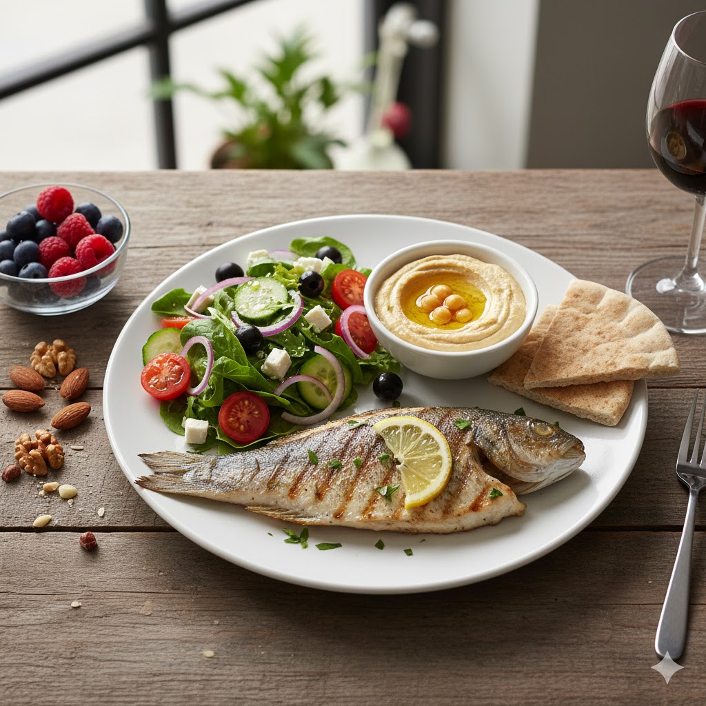 A plate of food containing fish, salad, etc