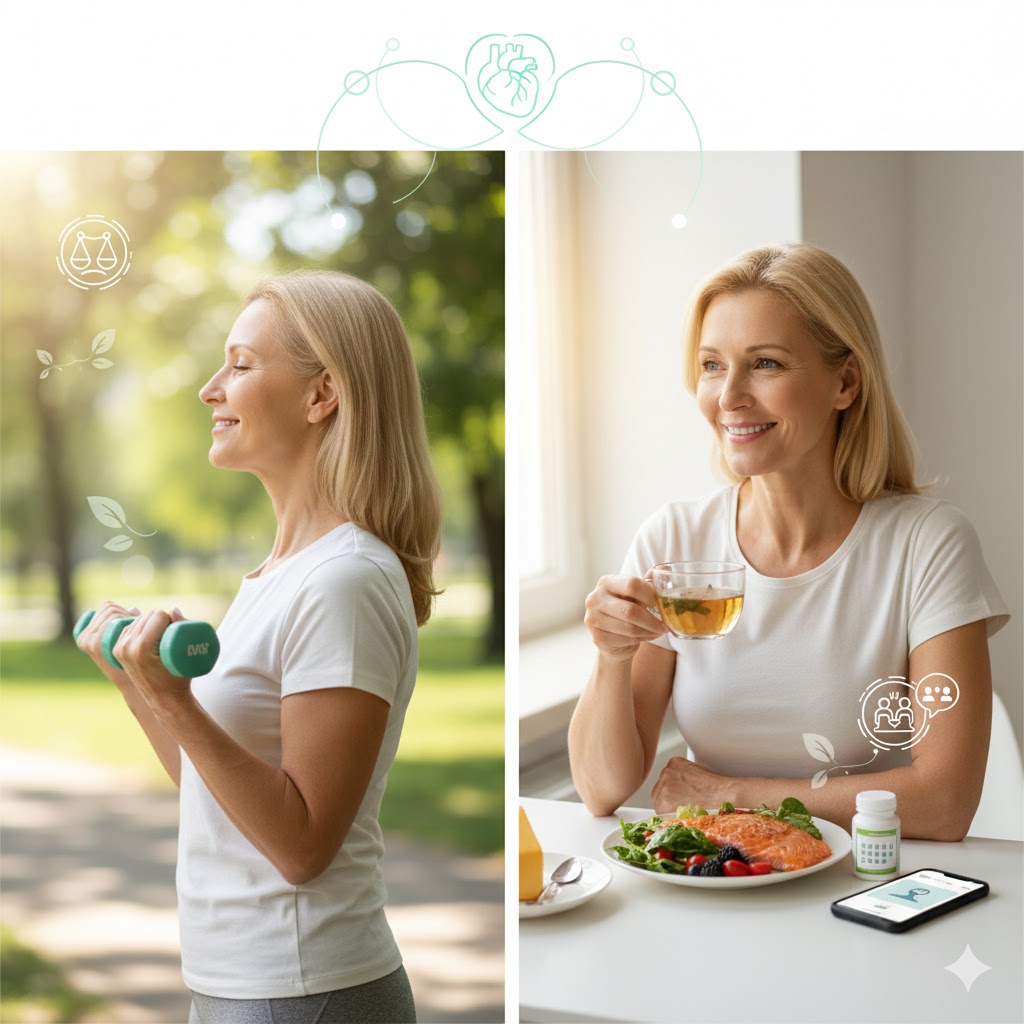 A woman using weights to exercise at the same woman having a cup of green tea