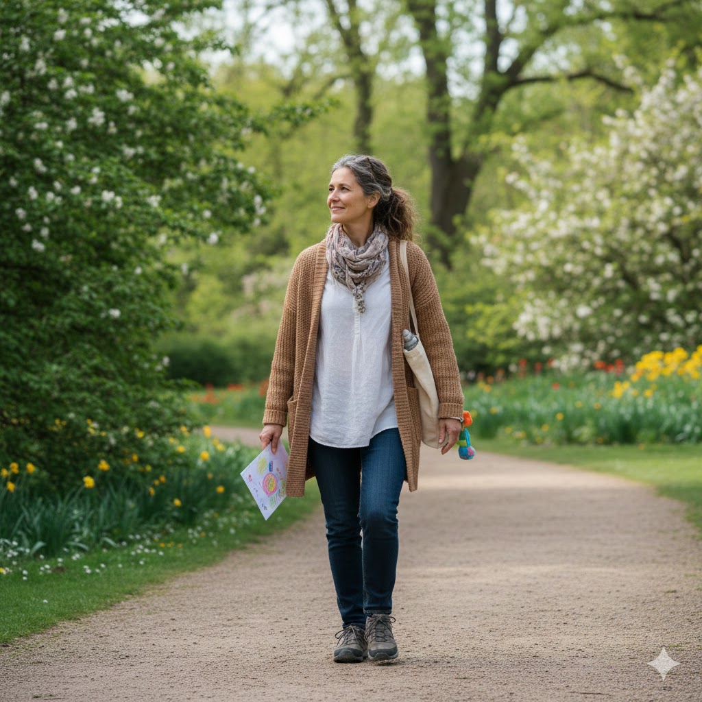 A woman walking through a park