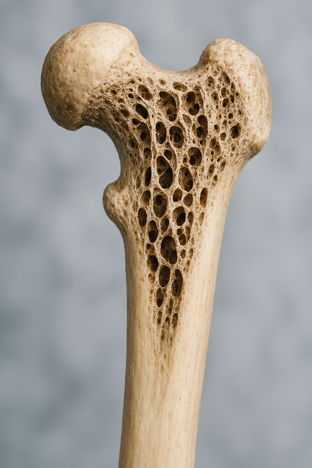 A photo of a bone with osteoporosis