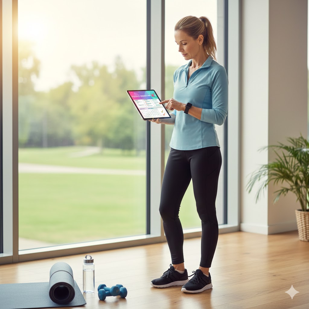 A woman in exercise clothes looking at a proactive plan