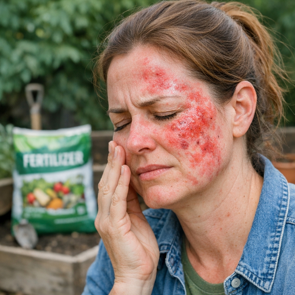 A woman with a bad rash on her face with a fertiliser bag in the background