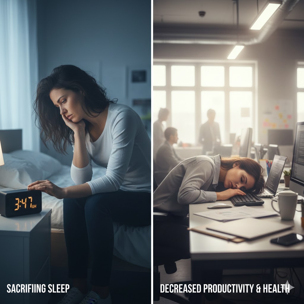 A split image showing a woman being woken by an alarm clock and then falling asleep at work