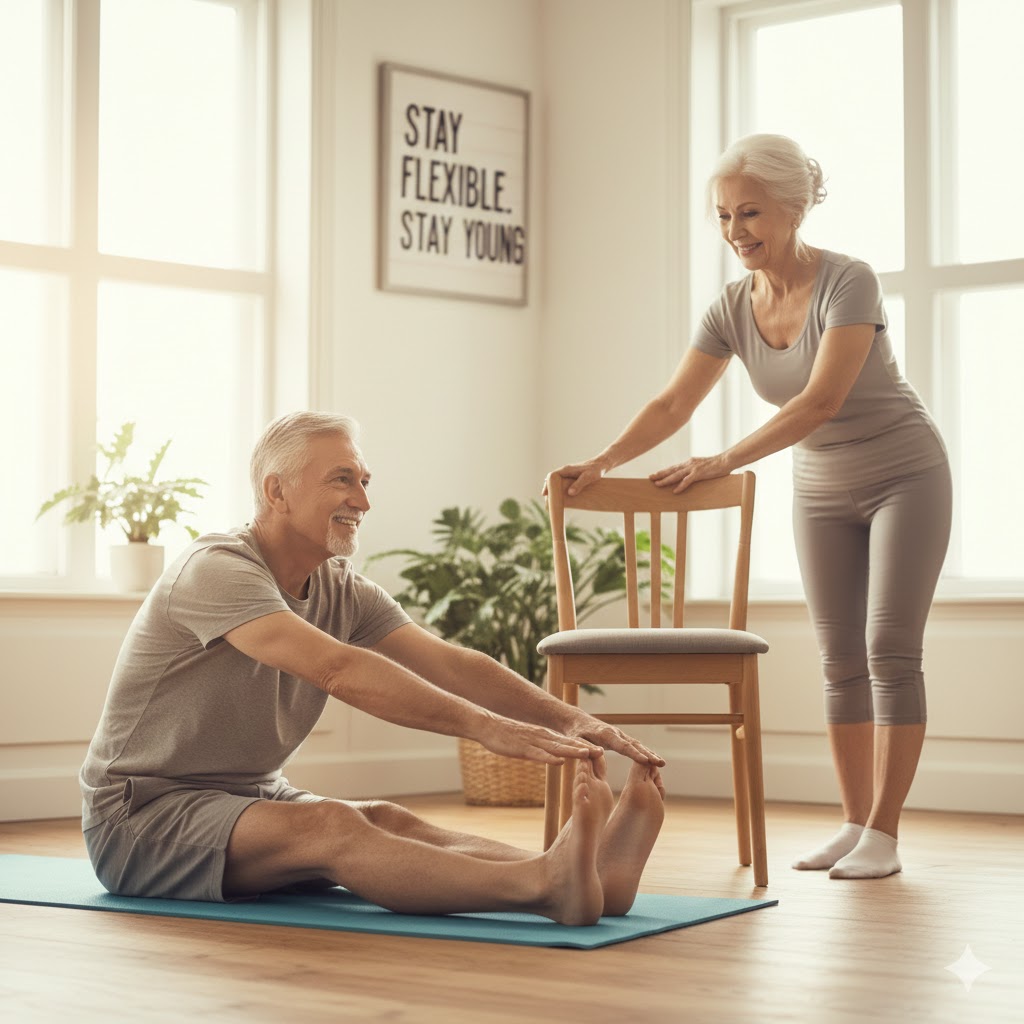 A couple in their 70s stretching