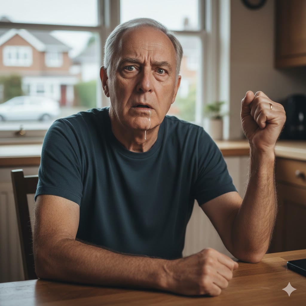 A man with his face drooping and a dribble coming out of his mouth