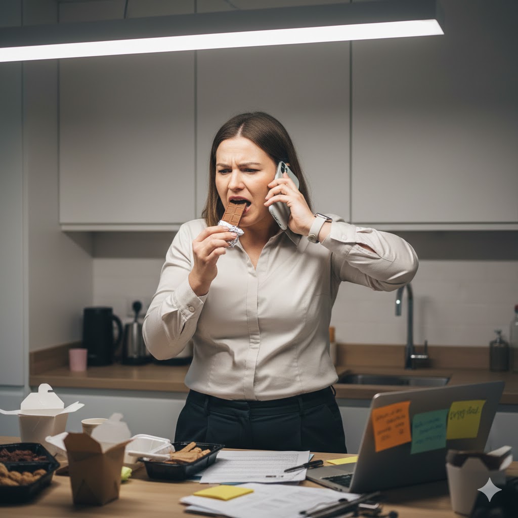 A woman on the phone eating a snack bar