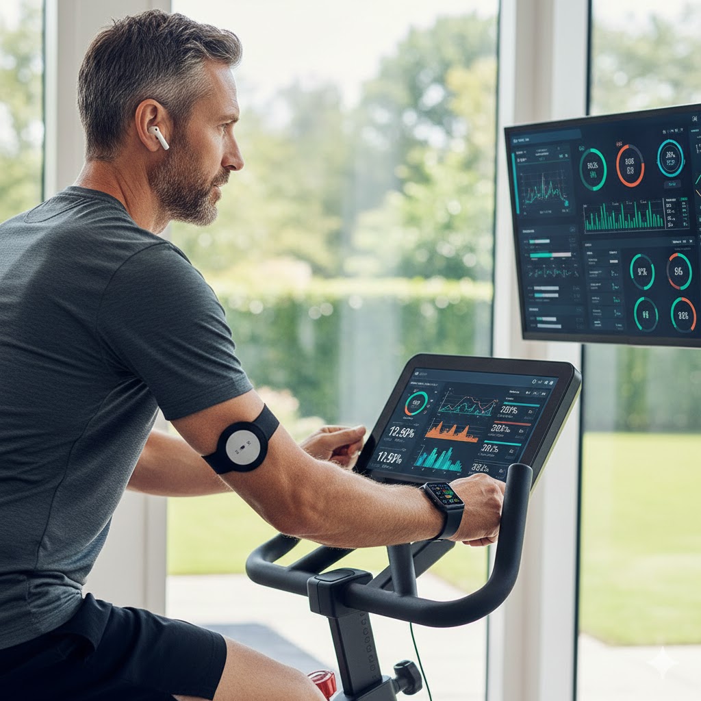 A man on a bike with a gadget to measure aspects of his health