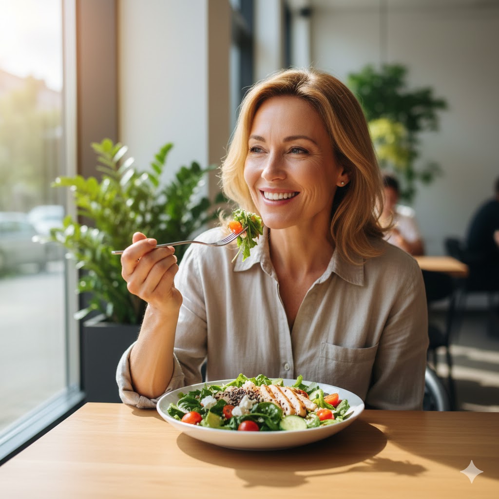 A woman eating a salad
