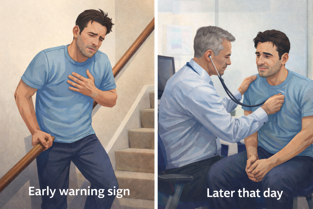 A split image of a man clutching his chest and later getting a medical checkup