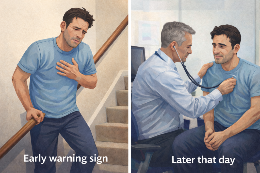 A split image of a man clutching his chest and then getting a medical check up later that day
