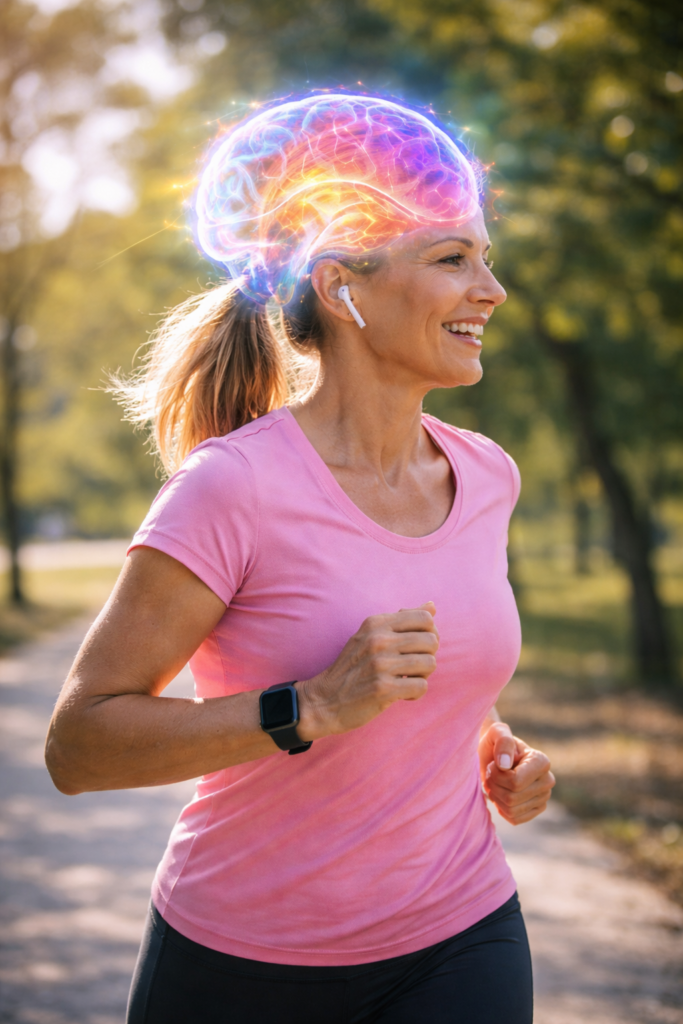 A woman running and lighting up her brain