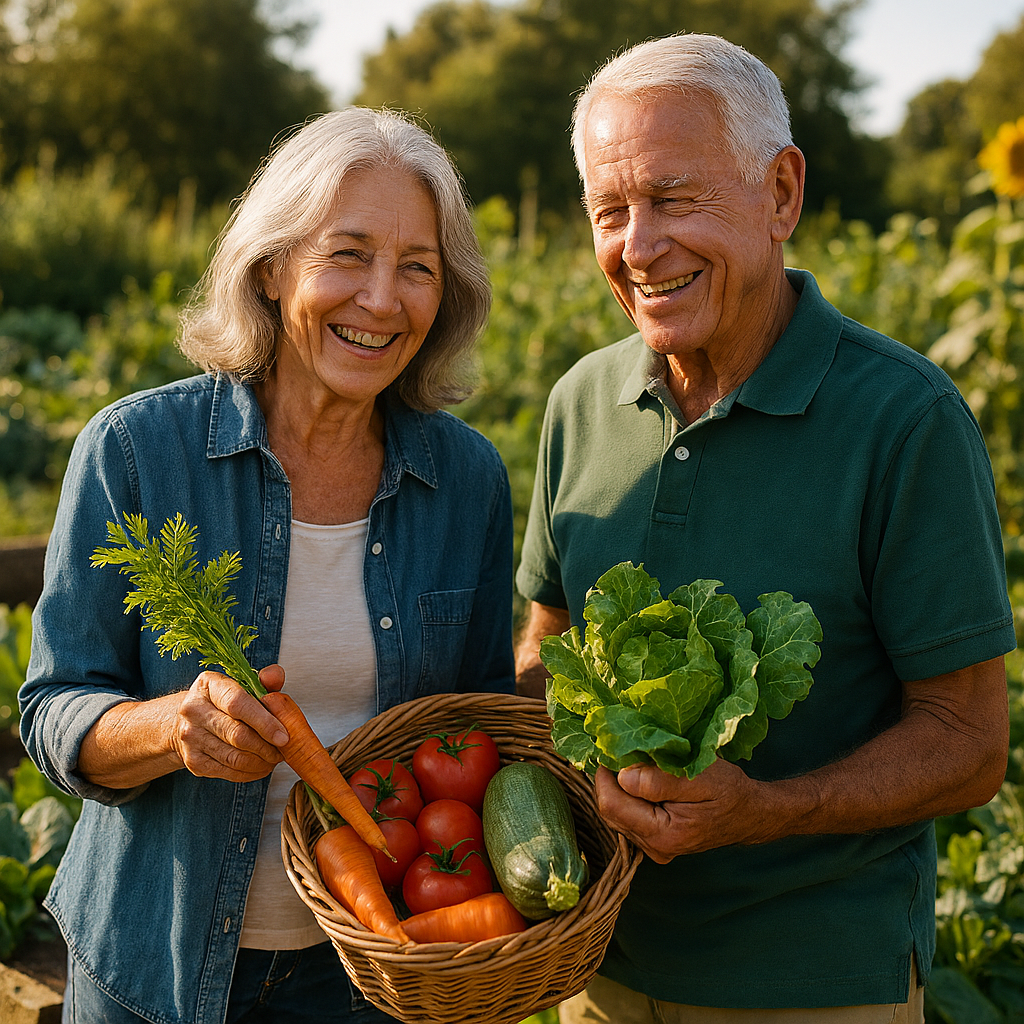 A couple in their 70s with vegetables in a basket