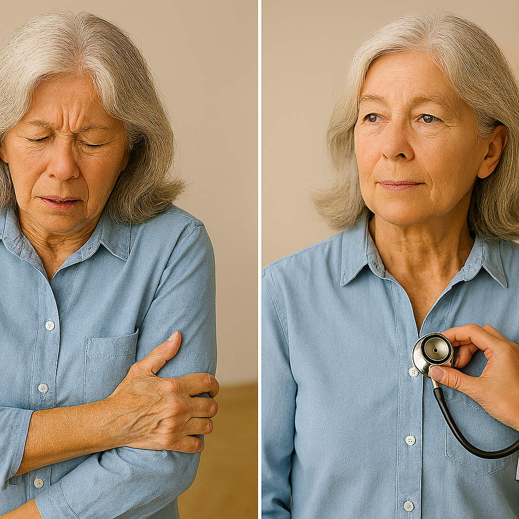 A split image of a woman holding her arm followed by a heart checkup