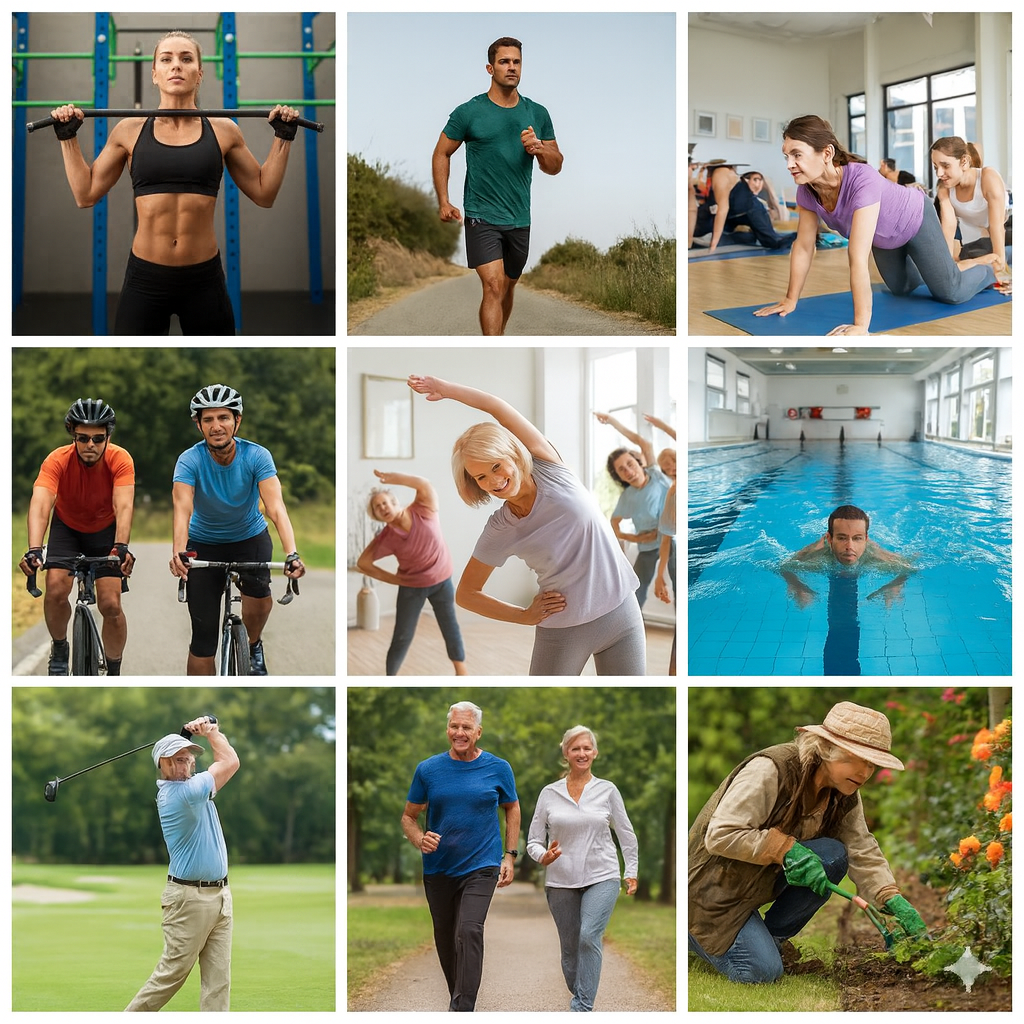 This is an image of nine different types of exercise and different ages of people