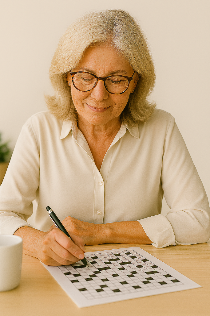 A woman doing a crossword puzzle