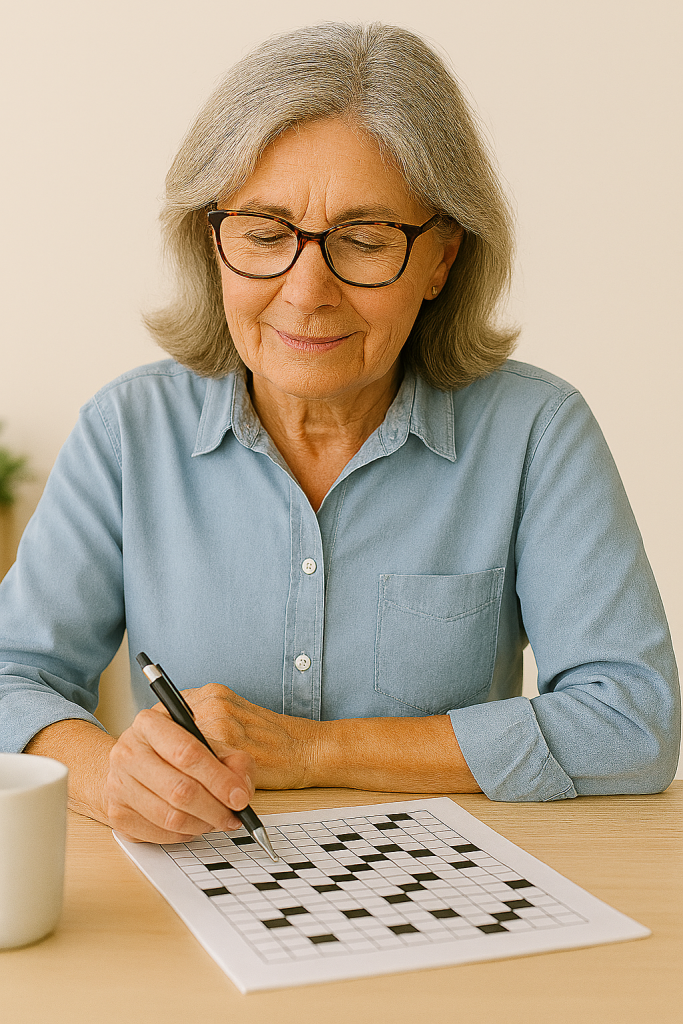 A woman doing a crossword puzzle