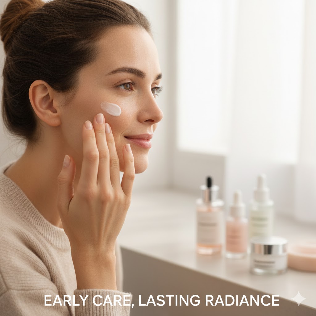 A woman putting cream on her face